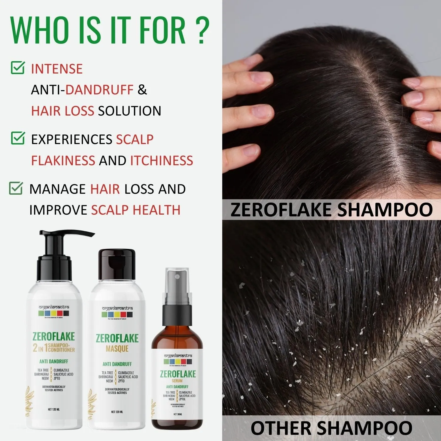 Organix Mantra ZeroFlake 2-in-1 Shampoo & Conditioner with Salicylic Acid, Climbazole, ZPTO,Tea Tree, Neem, Bhringraj | Anti-Dandruff Solution | Itchy Scalp | Hydrating|For All Hair Types - 120ML