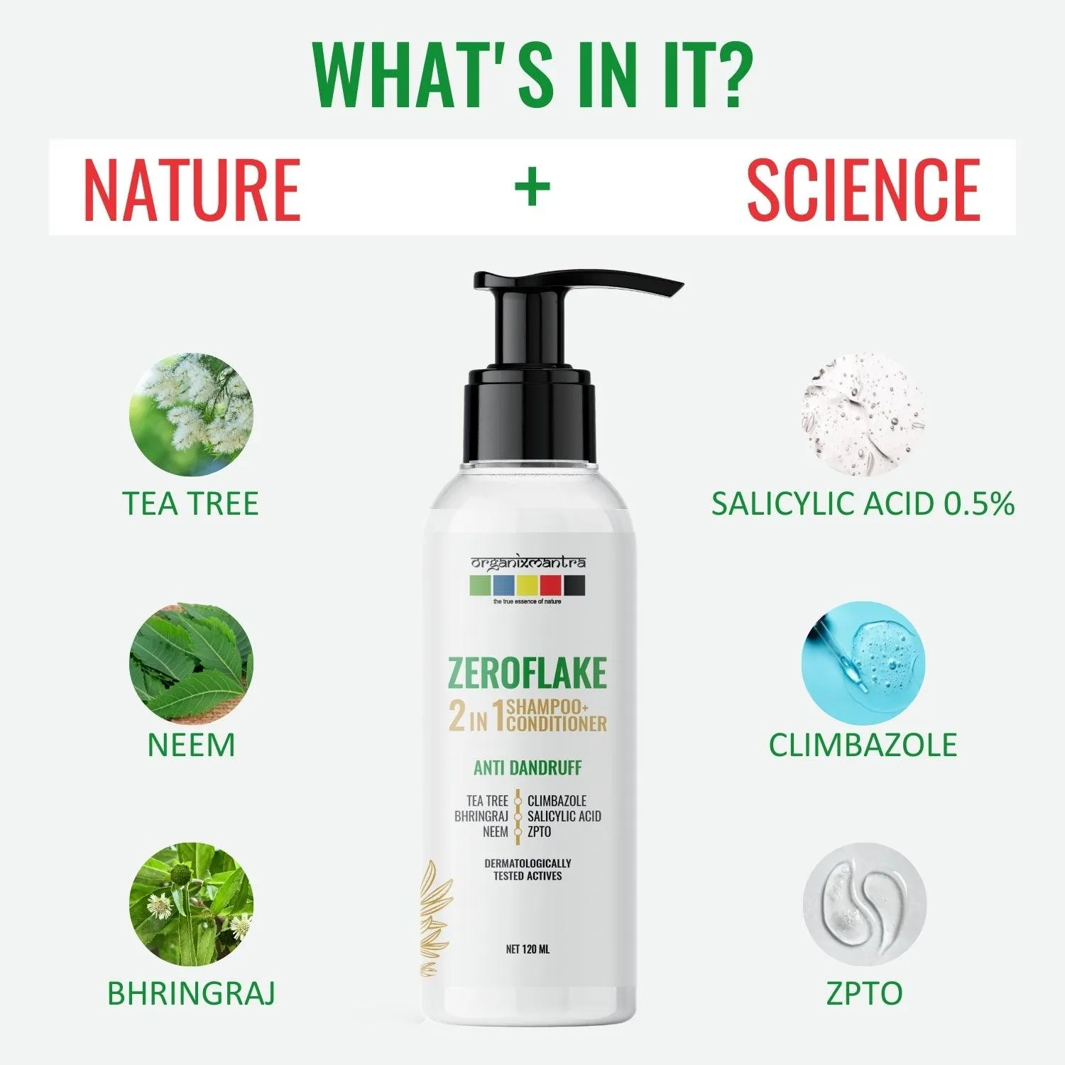 Organix Mantra ZeroFlake 2-in-1 Shampoo & Conditioner with Salicylic Acid, Climbazole, ZPTO,Tea Tree, Neem, Bhringraj | Anti-Dandruff Solution | Itchy Scalp | Hydrating|For All Hair Types - 120ML