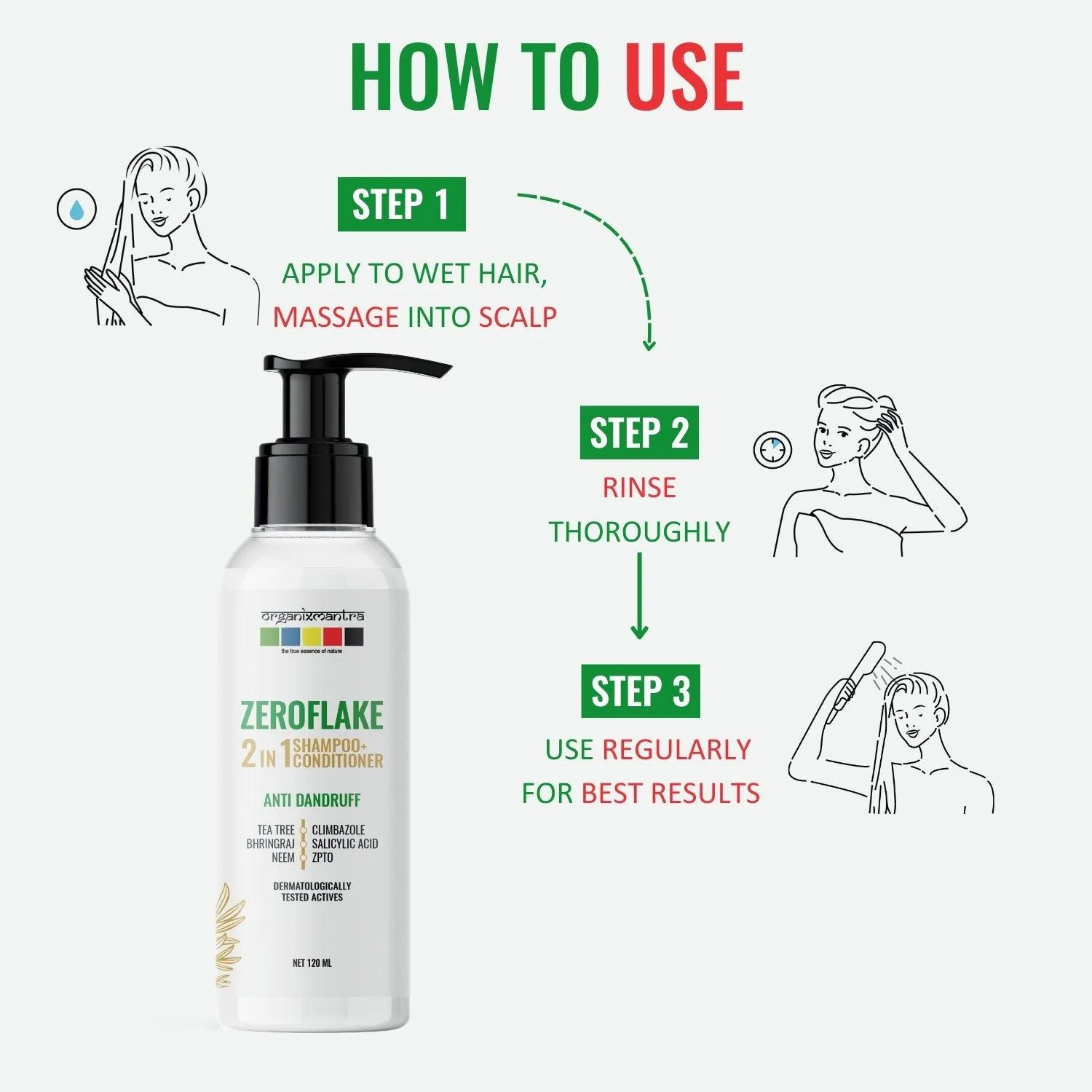 Organix Mantra ZeroFlake 2-in-1 Shampoo & Conditioner with Salicylic Acid, Climbazole, ZPTO,Tea Tree, Neem, Bhringraj | Anti-Dandruff Solution | Itchy Scalp | Hydrating|For All Hair Types - 120ML