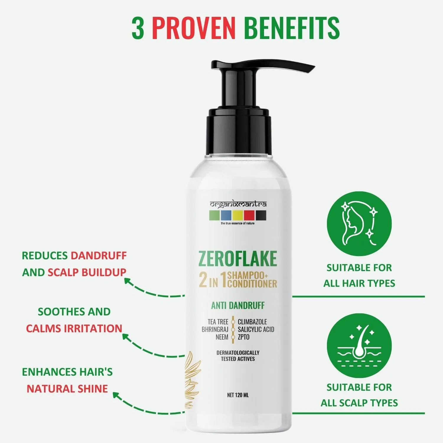 Organix Mantra ZeroFlake 2-in-1 Shampoo & Conditioner with Salicylic Acid, Climbazole, ZPTO,Tea Tree, Neem, Bhringraj | Anti-Dandruff Solution | Itchy Scalp | Hydrating|For All Hair Types - 120ML
