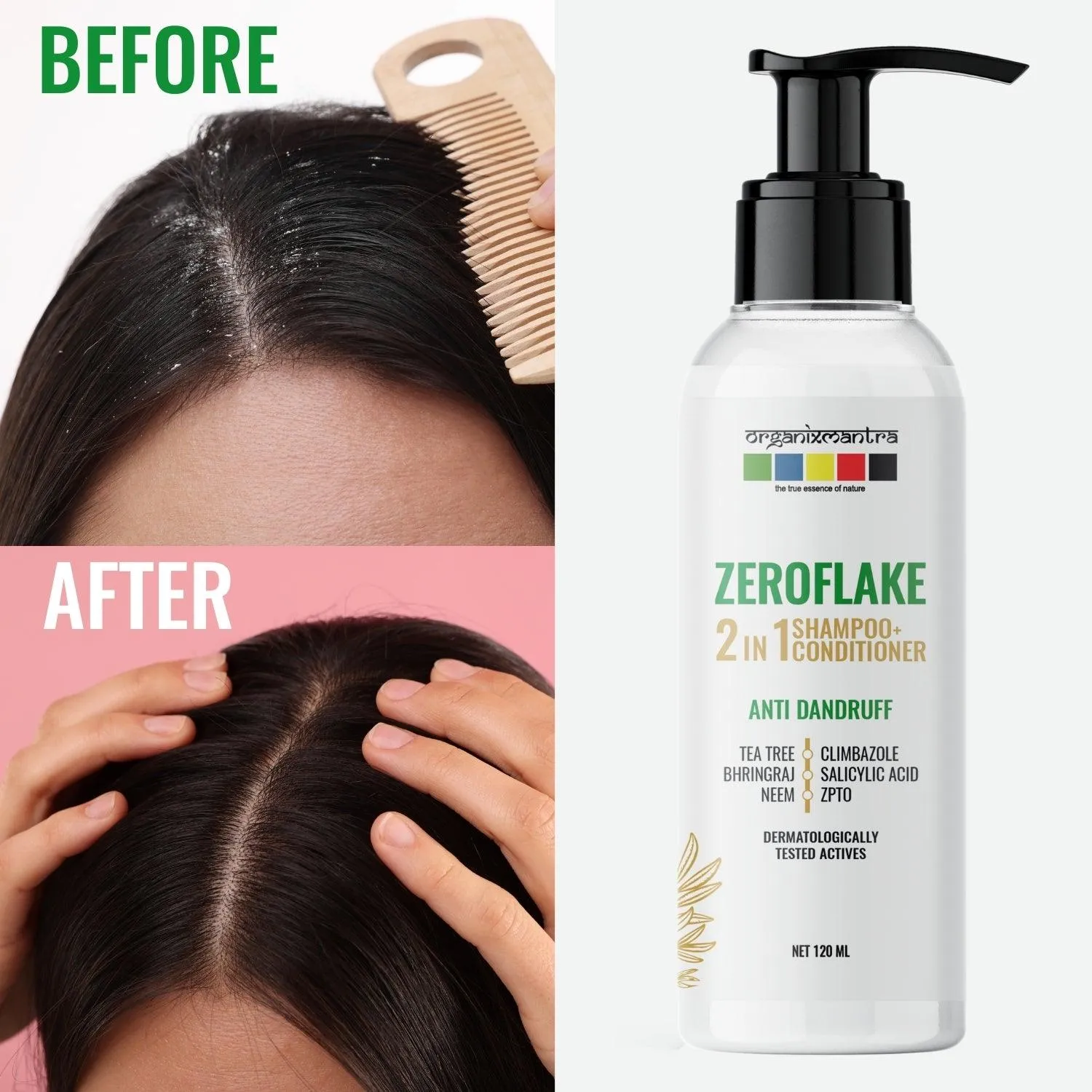 Organix Mantra ZeroFlake 2-in-1 Shampoo & Conditioner with Salicylic Acid, Climbazole, ZPTO,Tea Tree, Neem, Bhringraj | Anti-Dandruff Solution | Itchy Scalp | Hydrating|For All Hair Types - 120ML