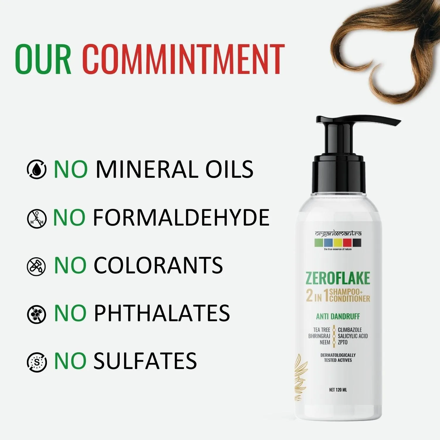 Organix Mantra ZeroFlake 2-in-1 Shampoo & Conditioner with Salicylic Acid, Climbazole, ZPTO,Tea Tree, Neem, Bhringraj | Anti-Dandruff Solution | Itchy Scalp | Hydrating|For All Hair Types - 120ML