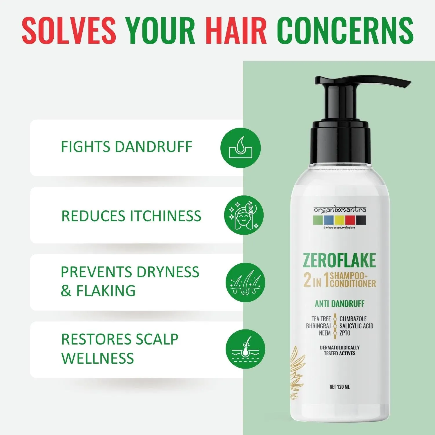 Organix Mantra ZeroFlake 2-in-1 Shampoo & Conditioner with Salicylic Acid, Climbazole, ZPTO,Tea Tree, Neem, Bhringraj | Anti-Dandruff Solution | Itchy Scalp | Hydrating|For All Hair Types - 120ML