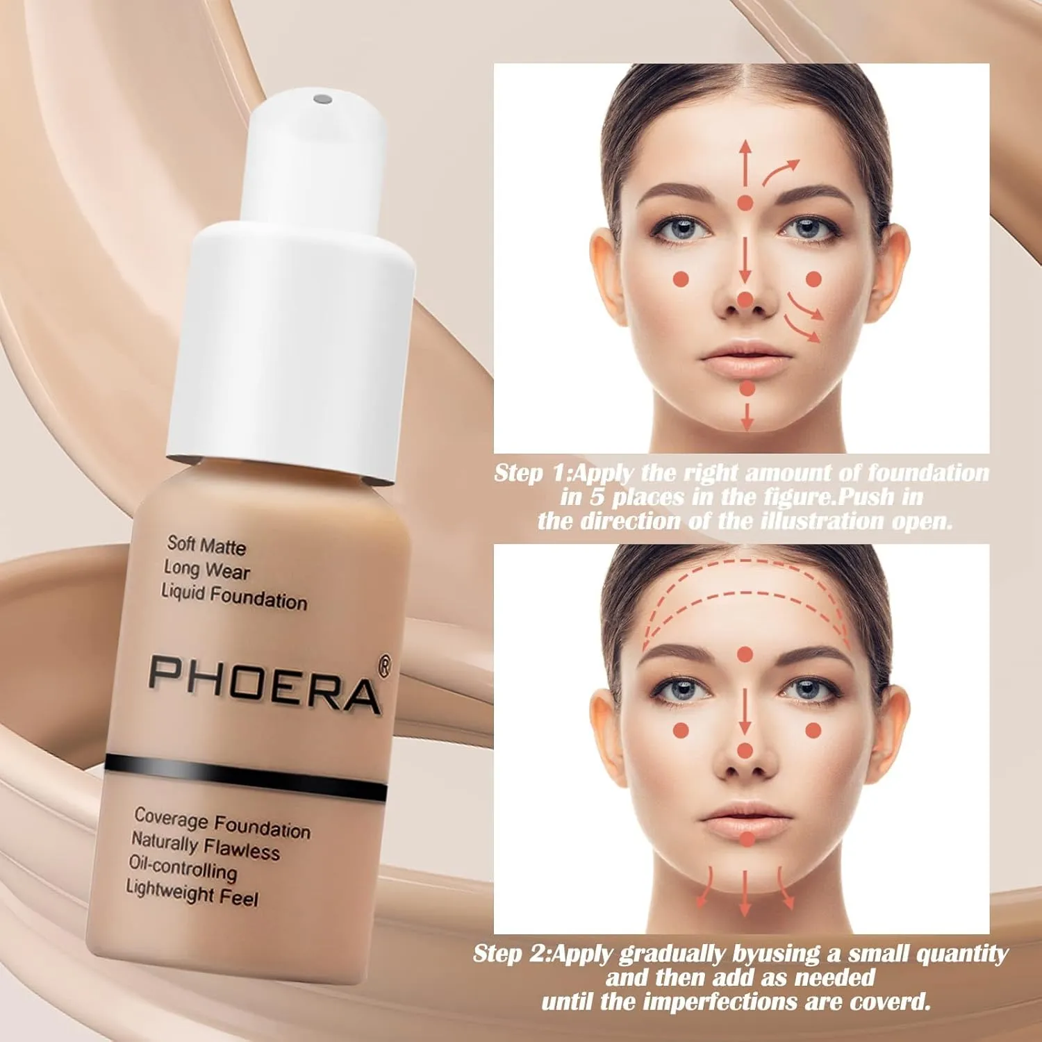 PHOERA Foundation Makeup, Flawless Soft Matte Oil Control Liquid Foundation, Full Coverage Mattle Oil-Control Concealer for Older Women, Great Choice For Gift (#101 Porcelain)
