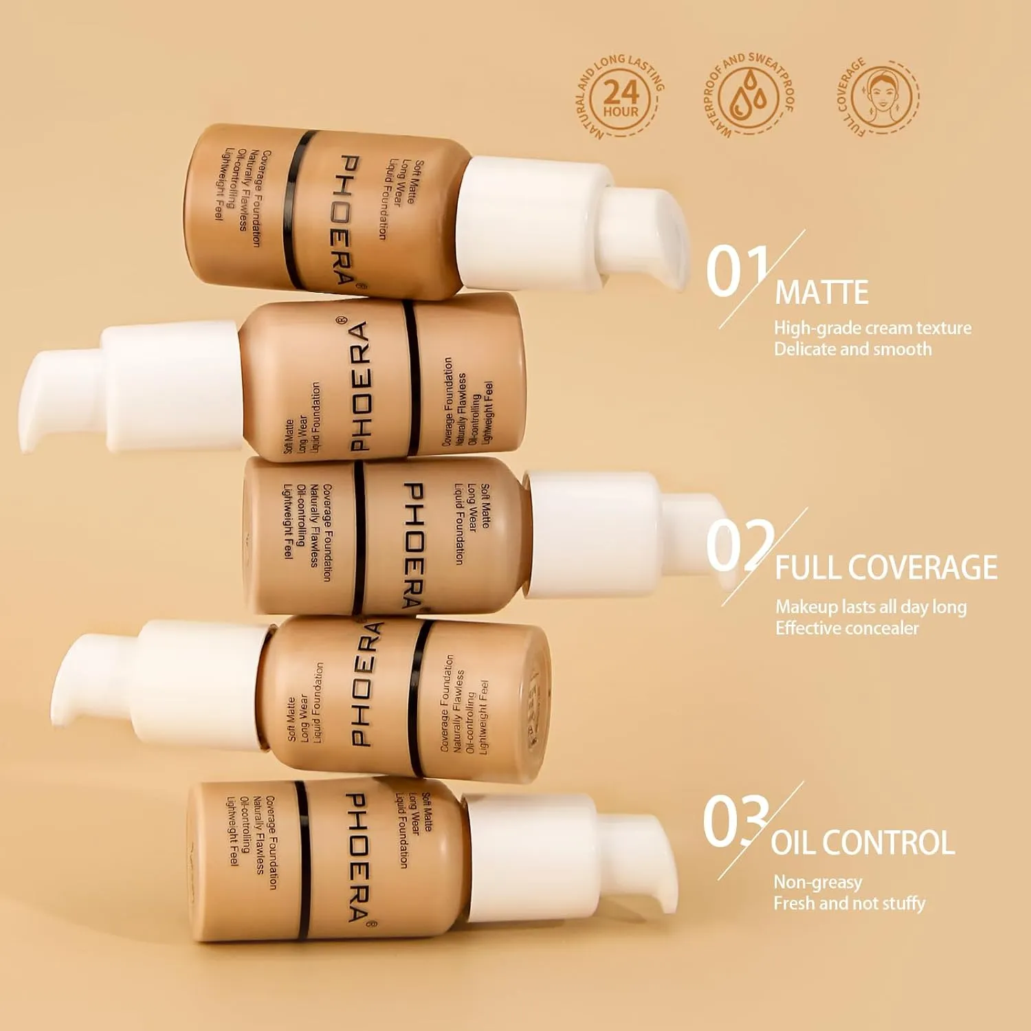 PHOERA Foundation Makeup, Flawless Soft Matte Oil Control Liquid Foundation, Full Coverage Mattle Oil-Control Concealer for Older Women, Great Choice For Gift (#101 Porcelain)