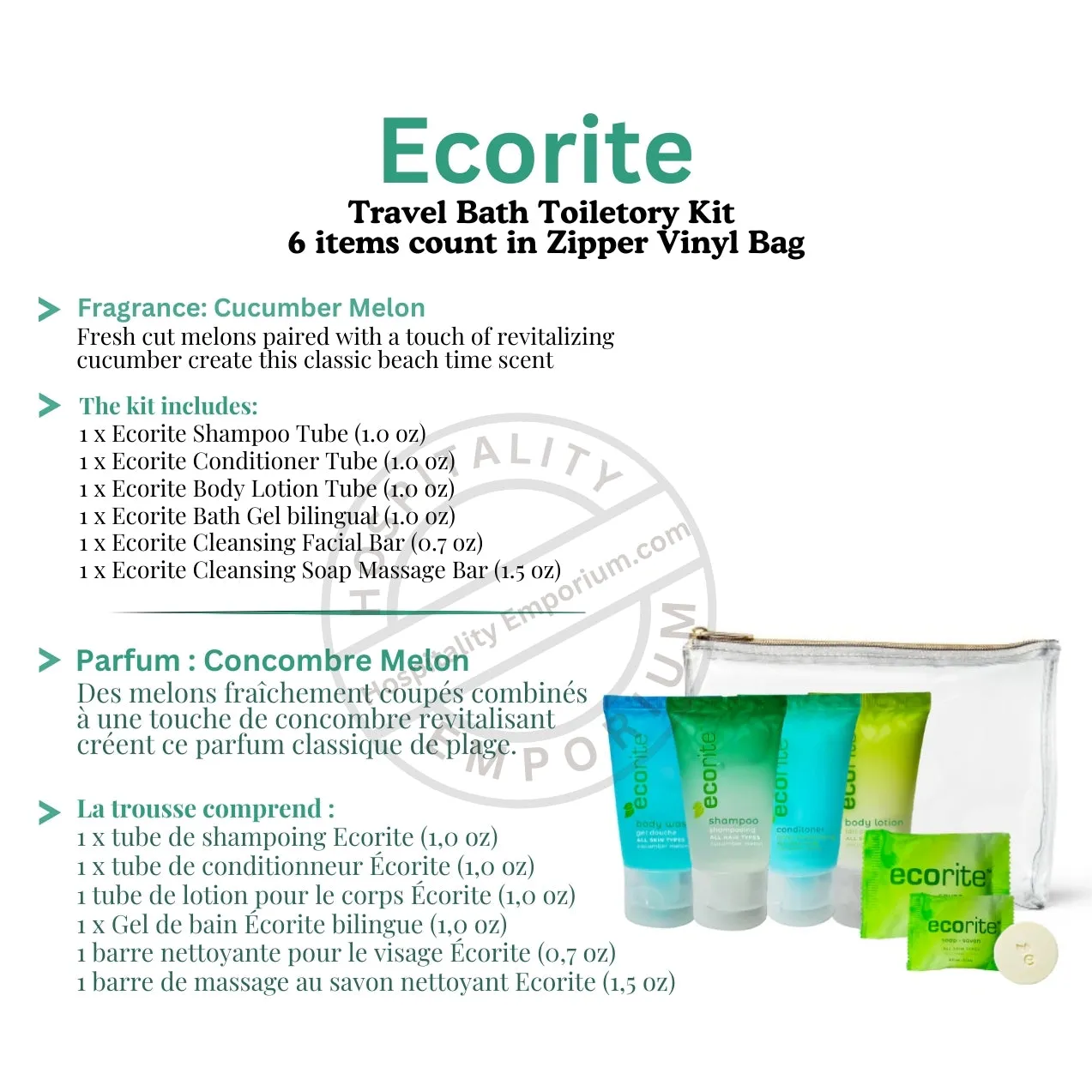 Travel Bath Toiletory Kit EcoRite 6 items count in Zipper Vinyl Bag Pack of 24's
