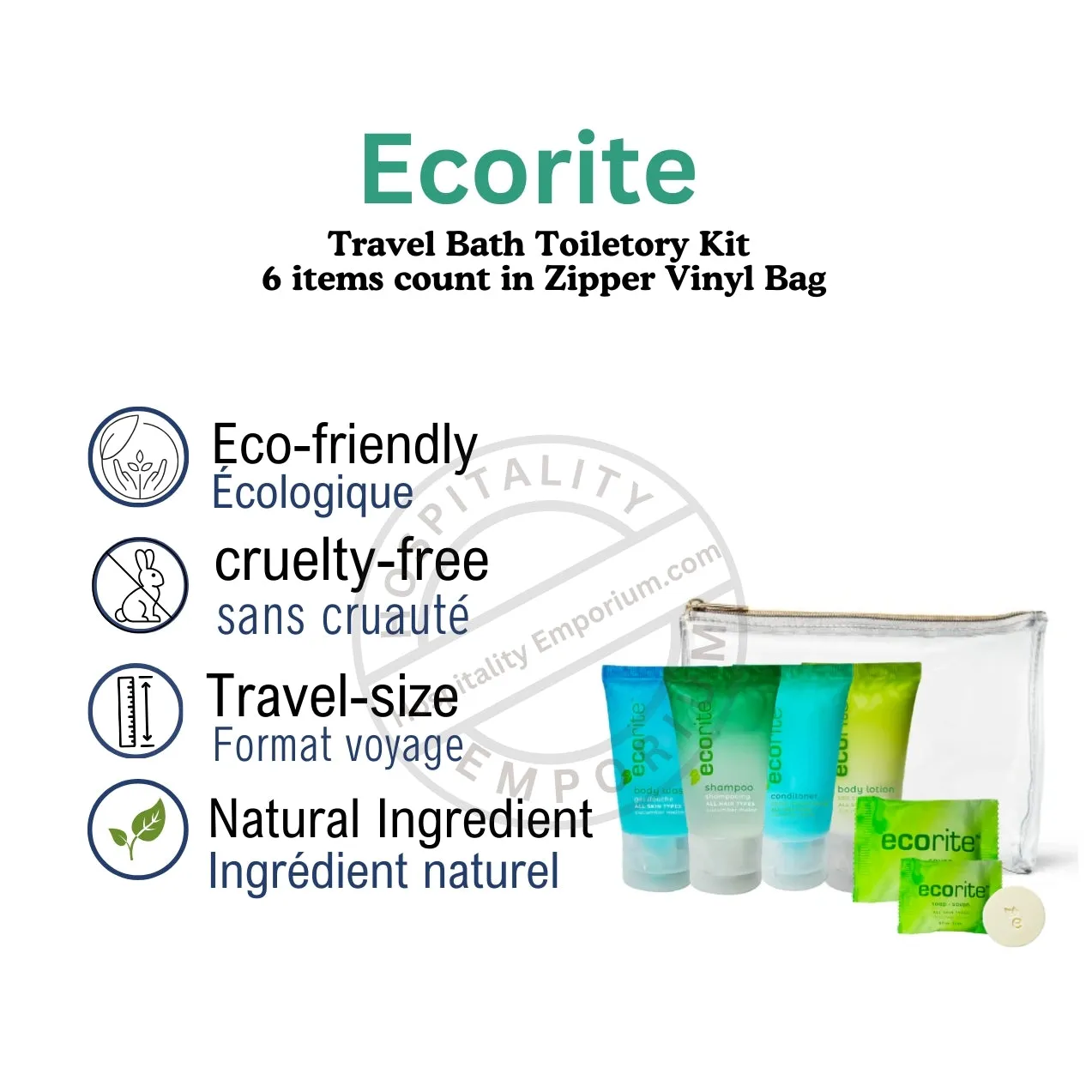 Travel Bath Toiletory Kit EcoRite 6 items count in Zipper Vinyl Bag Pack of 24's